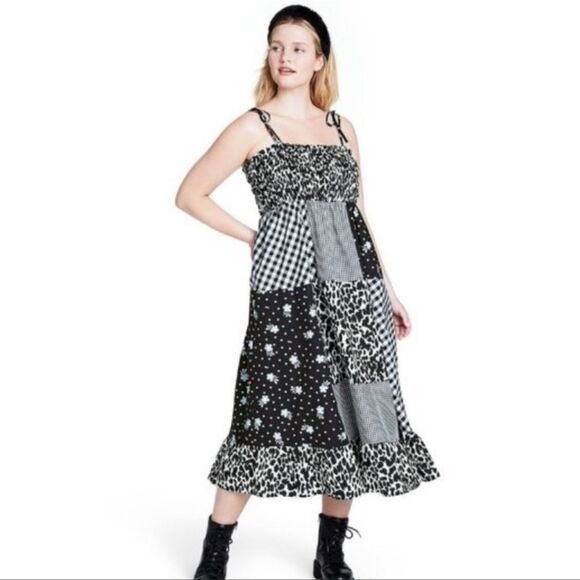 Sandy Liang x Target Black & White Gingham Floral Patchwork Cotton Midi Dress - Picture 5 of 8